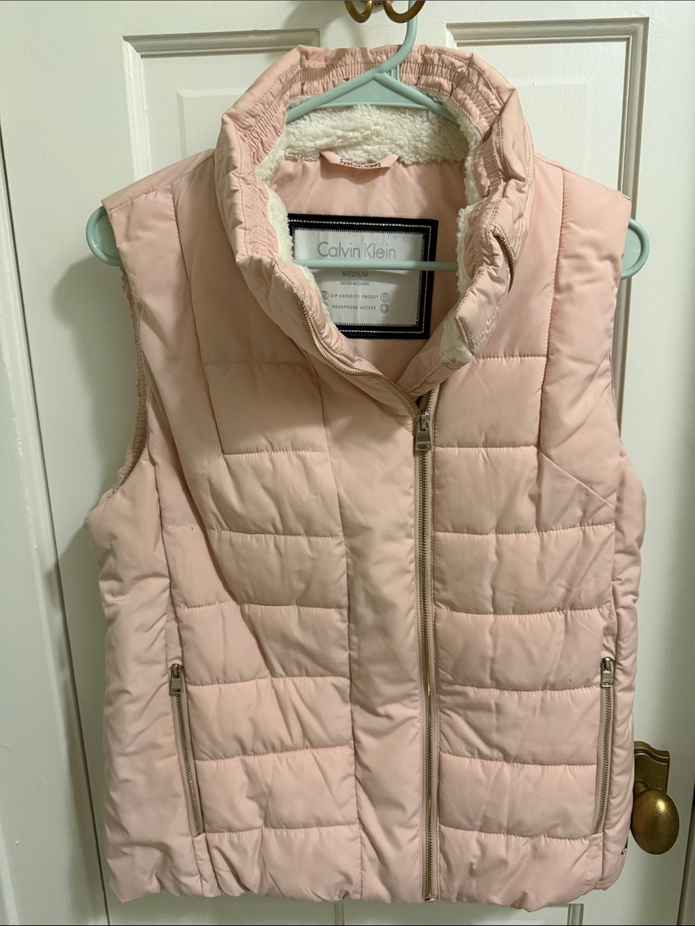 Calvin Klein Girls Pale Pink Quilted Puffer Vest with Sherpa Collar